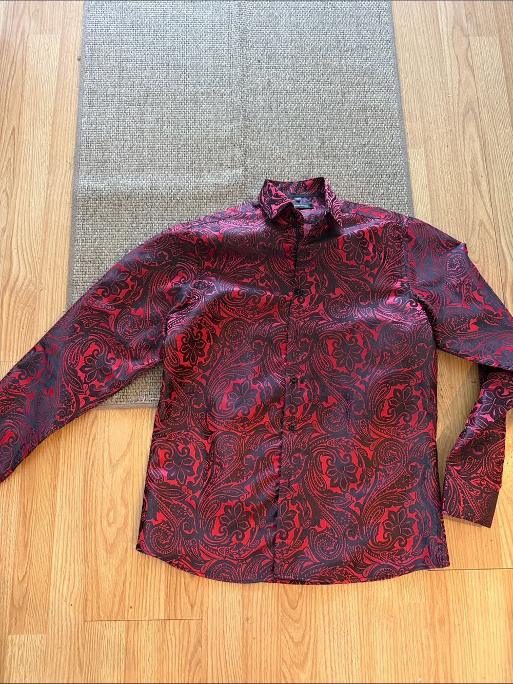 Mens Red Paisley Satin Button-Down Shirt